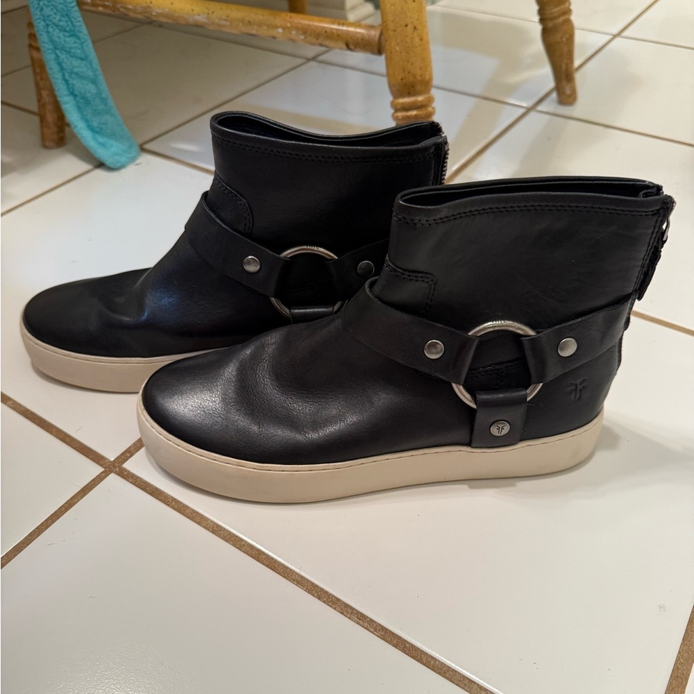 Frye bootie shoes, black with silver buckle, size 8